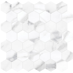 Anatolia Tile La Marca 2 Inch Hexagon Statuario Honed Porcelain Mosaics. 1 Sheet = .96 Sq. Ft. 4501-0356-0 Statuario Nuovo 2" Hexagon Honed - premium natural stone mosaic tile from Anatolia Tile, available at PoshHaus showroom in Keene, NH