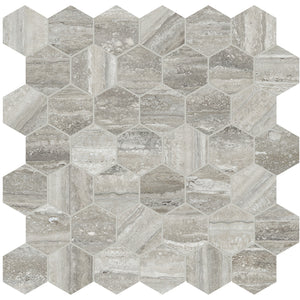 Anatolia Tile La Marca 2 Inch Hexagon Traventino Honed Porcelain Mosaics. 1 Sheet = .96 Sq. Ft. 4501-0355-0 Travertino Instrata 2" Hexagon Honed - premium natural stone mosaic tile from Anatolia Tile, available at PoshHaus showroom in Keene, NH
