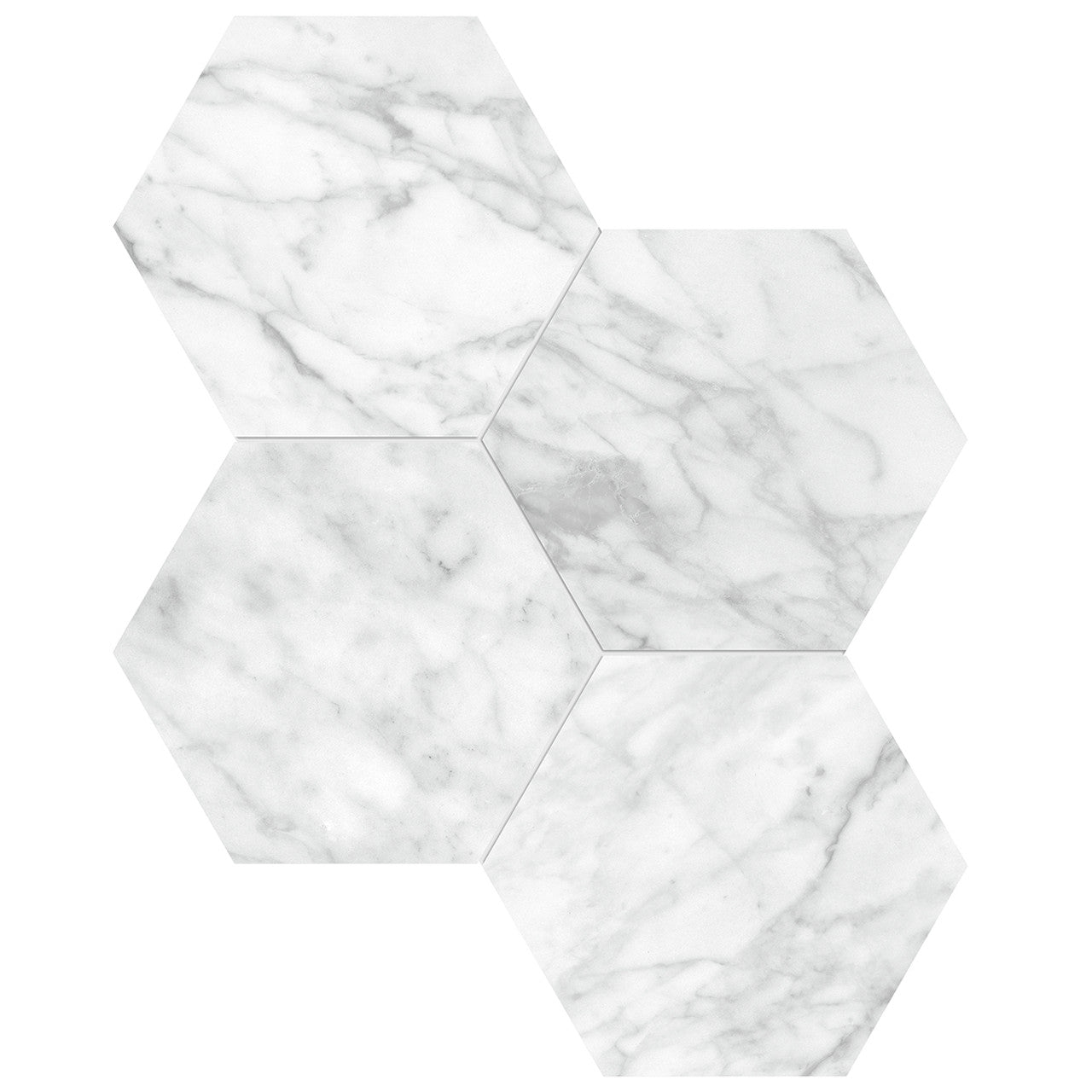 Anatolia Tile 6" Hexagon La Marca Carrara Polished & Rectified Porcelain Mosaic - 1 Sheet = .797 - 4501-0325-0" Carrara Gioia 6" Hexagon Polished - premium natural stone mosaic tile from Anatolia Tile, available at PoshHaus showroom in Keene, NH