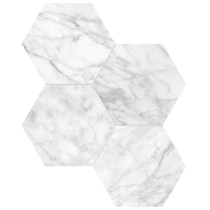 Anatolia Tile 6" Hexagon La Marca Carrara Polished & Rectified Porcelain Mosaic - 1 Sheet = .797 - 4501-0325-0" Carrara Gioia 6" Hexagon Polished - premium natural stone mosaic tile from Anatolia Tile, available at PoshHaus showroom in Keene, NH