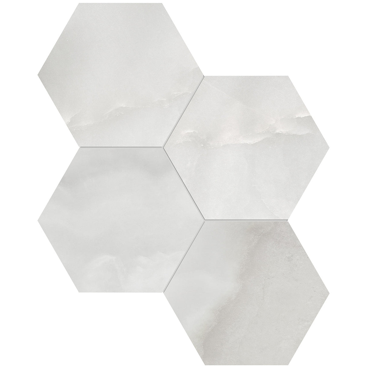 Anatolia Tile 6" Hexagon La Marca Onyx Honed & Rectified Porcelain Mosaic - 1 Sheet = .797 - 4501-0336-0" Onyx Nuvolato 6" Hexagon Honed - premium natural stone mosaic tile from Anatolia Tile, available at PoshHaus showroom in Keene, NH