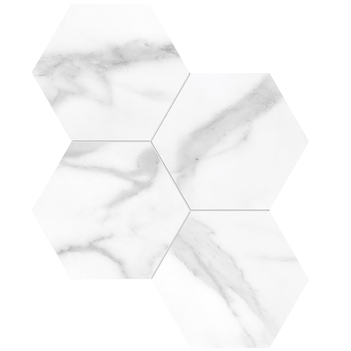 Anatolia Tile 6" Hexagon La Marca Statuario Polished & Rectified Porcelain Mosaic - 1 Sheet = .797 - 4501-0329-0" Statuario Nuovo 6" Hexagon Polished - premium natural stone mosaic tile from Anatolia Tile, available at PoshHaus showroom in Keene, NH