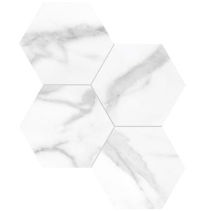 Anatolia Tile 6" Hexagon La Marca Statuario Honed & Rectified Porcelain Mosaic - 1 Sheet = .797 - 4501-0338-0" Statuario Nuovo 6" Hexagon Honed - premium natural stone mosaic tile from Anatolia Tile, available at PoshHaus showroom in Keene, NH