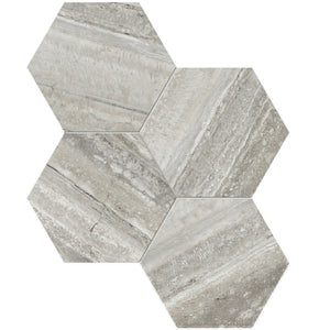 Anatolia Tile 6" Hexagon La Marca Travertino Polished & Rectified Porcelain Mosaic - 1 Sheet = .797 - 4501-0328-0" Travertino Instrata 6" Hexagon Polished - premium natural stone mosaic tile from Anatolia Tile, available at PoshHaus showroom in Keene, NH