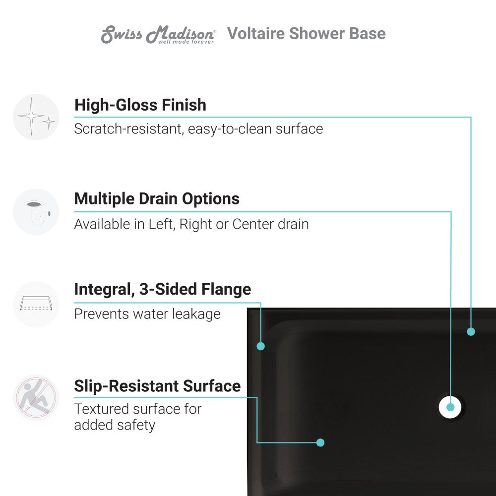 Voltaire 60 x 32 Acrylic Black, Single-Threshold, Center Drain, Shower Base