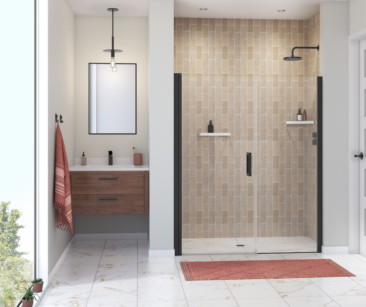 MAAX 138276-900-340-101 Manhattan 55-57 x 68 in. 6 mm Pivot Shower Door for Alcove Installation with Clear glass & Square Handle in Matte Black