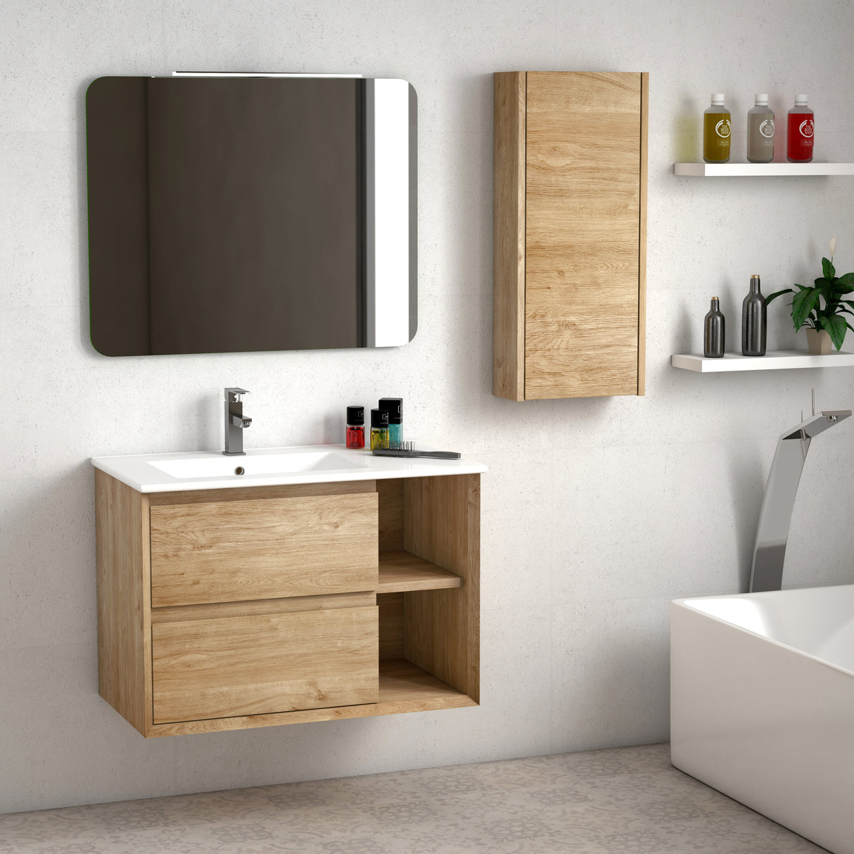 DAX Oceanside Engineered Wood and Porcelain Left Onix Basin with Single Vanity, 32", Oak DAX-OCE013214-ONX