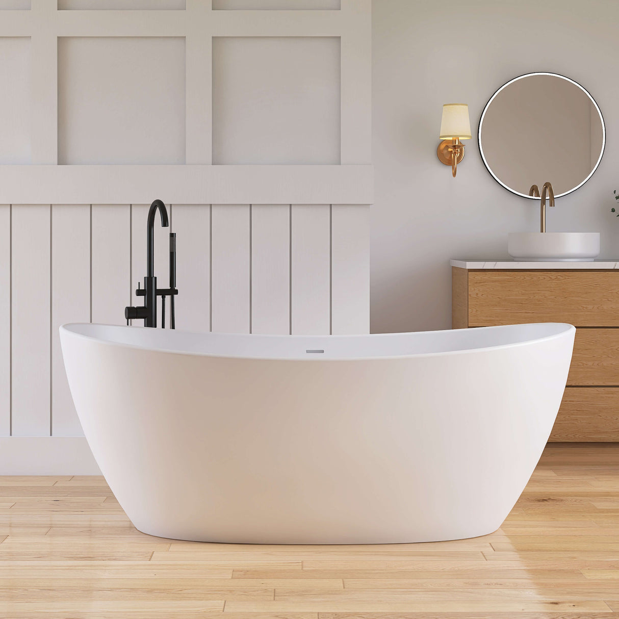 New England Home Goods Nanga 65" Freestanding Tub in White - Stone Resin Solid Surface