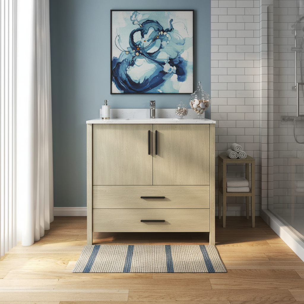 New England Home Goods Hilton 36" Single Sink Vanity in White - Engineered Wood; Stone Top