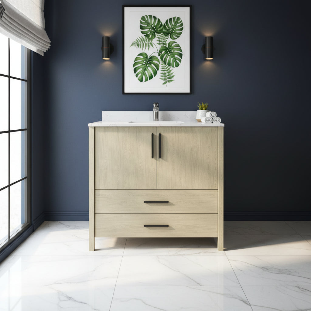 New England Home Goods Hilton 36" Single Sink Vanity in White - Engineered Wood; Stone Top
