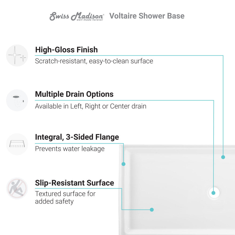 Voltaire 60 x 36 Acrylic White, Single-Threshold, Left-Hand Drain, Shower Base