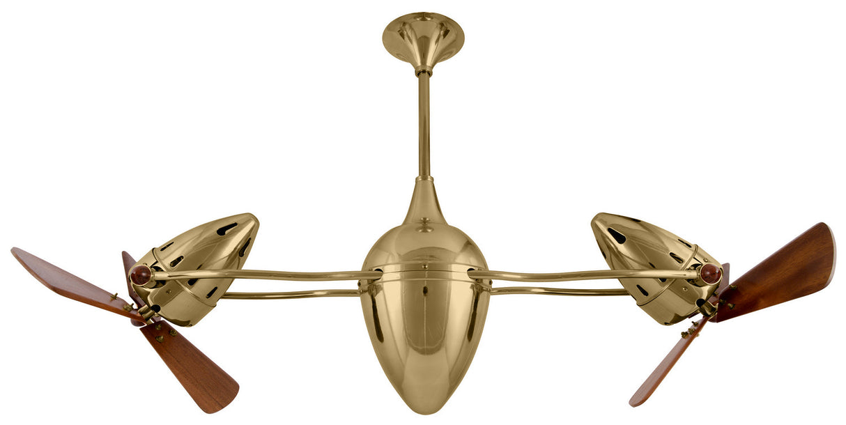 Matthews Fan AR-PB-WD Ar Ruthiane 360° dual headed rotational ceiling fan in polished brass finish with solid sustainable mahogany wood blades.