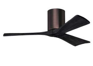 Matthews Fan IR3H-BB-BK-42 Irene-3H three-blade flush mount paddle fan in Brushed Bronze finish with 42” solid matte black wood blades. 