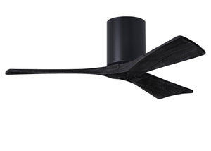 Matthews Fan IR3H-BK-BK-42 Irene-3H three-blade flush mount paddle fan in Matte Black finish with 42” solid matte black wood blades. 