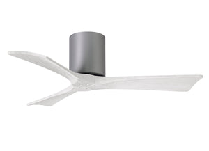 Matthews Fan IR3H-BN-MWH-42 Irene-3H three-blade flush mount paddle fan in Brushed Nickel finish with 42” solid matte white wood blades.