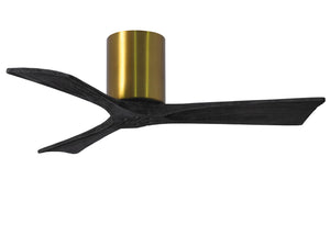 Matthews Fan IR3H-BRBR-BK-42 Irene-3H three-blade flush mount paddle fan in Brushed Brass finish with 42” solid matte black wood blades. 