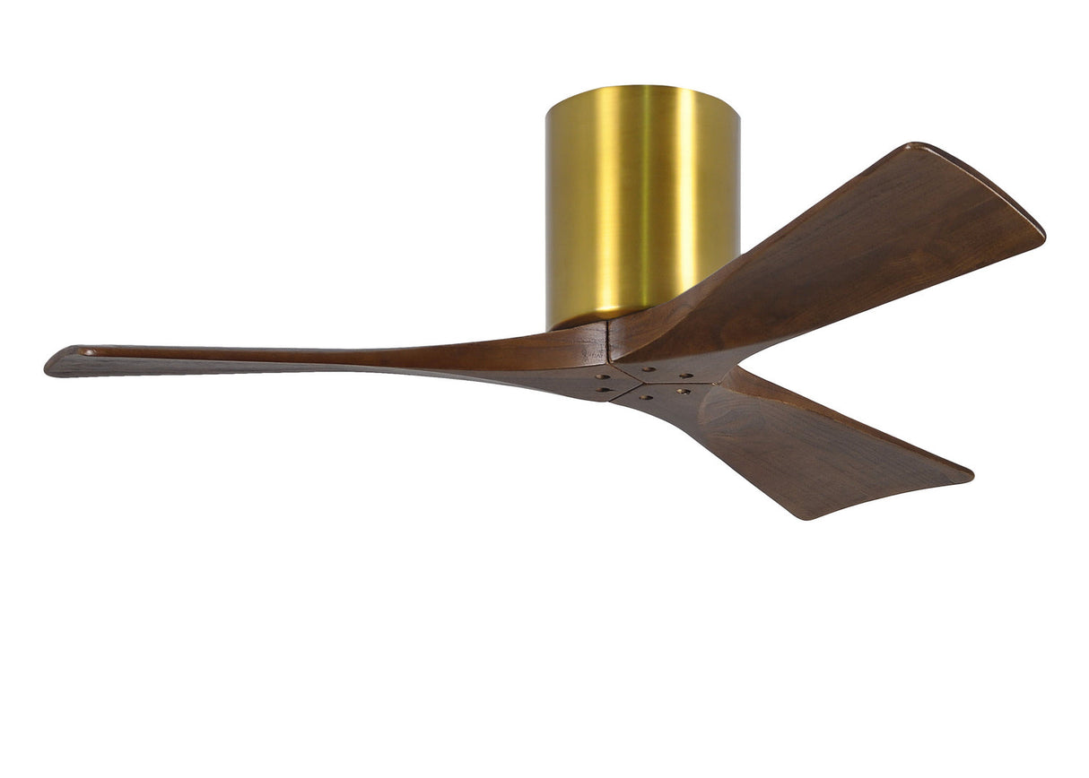 Matthews Fan IR3H-BRBR-WA-42 Irene-3H three-blade flush mount paddle fan in Brushed Brass finish with 42” solid walnut tone blades. 