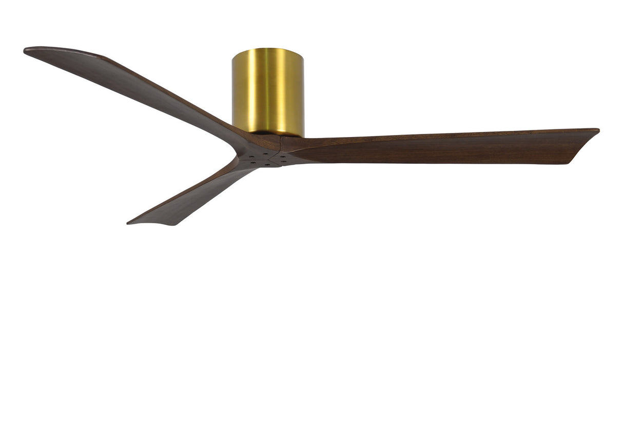 Matthews Fan IR3H-BRBR-WA-60 Irene-3H three-blade flush mount paddle fan in Brushed Brass finish with 60” solid walnut tone blades. 