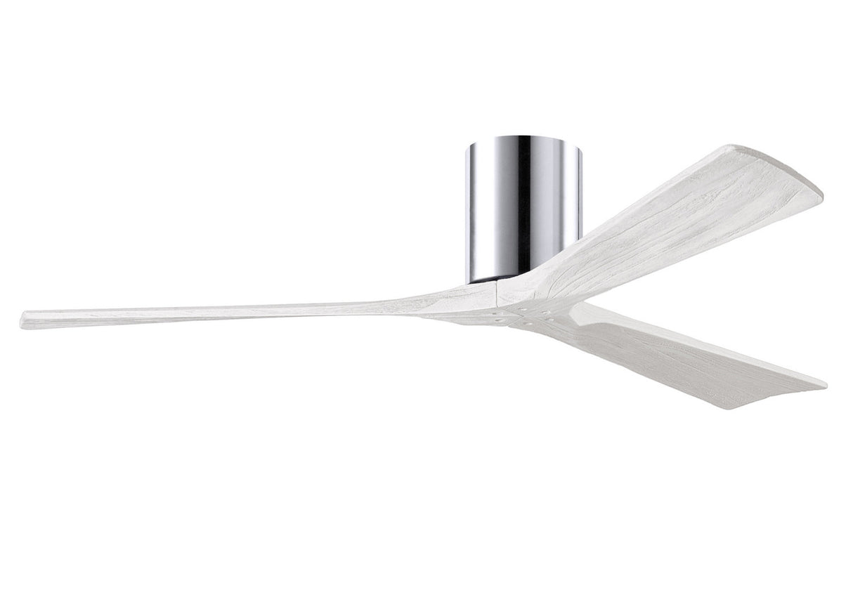 Matthews Fan IR3H-CR-MWH-60 Irene-3H three-blade flush mount paddle fan in Polished Chrome finish with 60” solid matte white wood blades. 