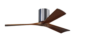 Matthews Fan IR3H-CR-WA-52 Irene-3H three-blade flush mount paddle fan in Polished Chrome finish with 52” solid walnut tone blades. 