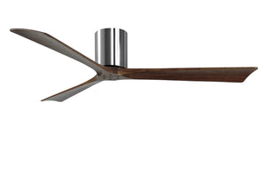Matthews Fan IR3H-CR-WA-60 Irene-3H three-blade flush mount paddle fan in Polished Chrome finish with 60” solid walnut tone blades. 
