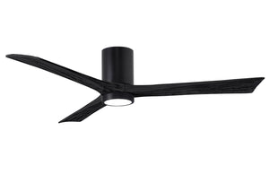 Matthews Fan IR3HLK-BK-BK-60 Irene-3HLK three-blade flush mount paddle fan in Matte Black finish with 60” solid matte black wood blades and integrated LED light kit.