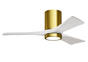 Matthews Fan IR3HLK-BRBR-MWH-42 Irene-3HLK three-blade flush mount paddle fan in Brushed Brass finish with 42” solid matte white wood blades and integrated LED light kit.