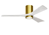 Matthews Fan IR3HLK-BRBR-MWH-52 Irene-3HLK three-blade flush mount paddle fan in Brushed Brass finish with 52” solid matte white wood blades and integrated LED light kit.