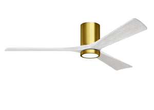 Matthews Fan IR3HLK-BRBR-MWH-60 Irene-3HLK three-blade flush mount paddle fan in Brushed Brass finish with 60” solid matte white wood blades and integrated LED light kit.