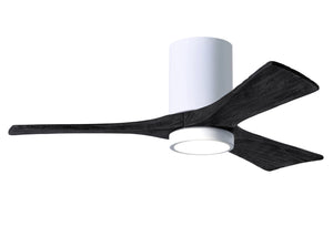 Matthews Fan IR3HLK-WH-BK-42 Irene-3HLK three-blade flush mount paddle fan in Gloss White finish with 42” solid matte black wood blades and integrated LED light kit.