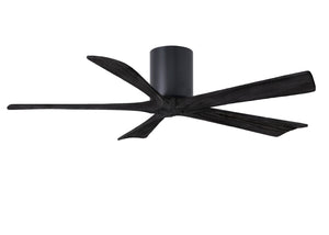 Matthews Fan IR5H-BK-BK-52 Irene-5H five-blade flush mount paddle fan in Matte Black finish with 52” solid matte black wood blades. 
