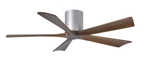 Matthews Fan IR5H-BN-WA-52 Irene-5H five-blade flush mount paddle fan in Brushed Nickel finish with 52” solid walnut tone blades. 
