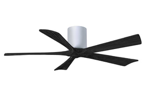 Matthews Fan IR5H-WH-BK-52 Irene-5H five-blade flush mount paddle fan in Gloss White finish with 52” solid matte black wood blades. 