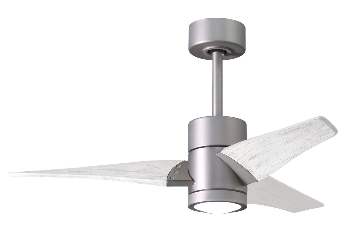 Matthews Fan SJ-BN-MWH-42 Super Janet three-blade ceiling fan in Brushed Nickel finish with 42” solid matte white wood blades and dimmable LED light kit 