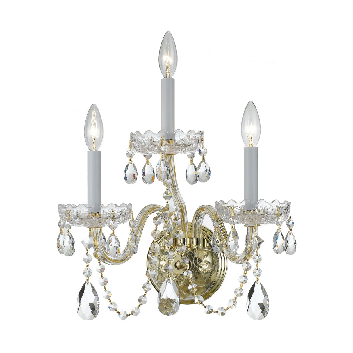 Traditional Crystal 3 Light Swarovski Strass Crystal Polished Brass Sconce 1033-PB-CL-S