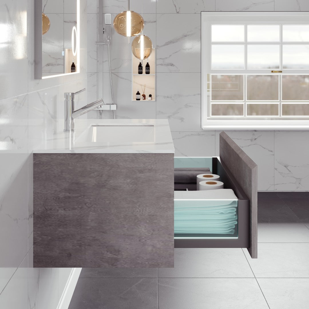 Aurora 36 in. Concrete Gray Wall Mount Single Sink Bath Vanity with Carrara Quartz Top and Undermount Porcelain Sink