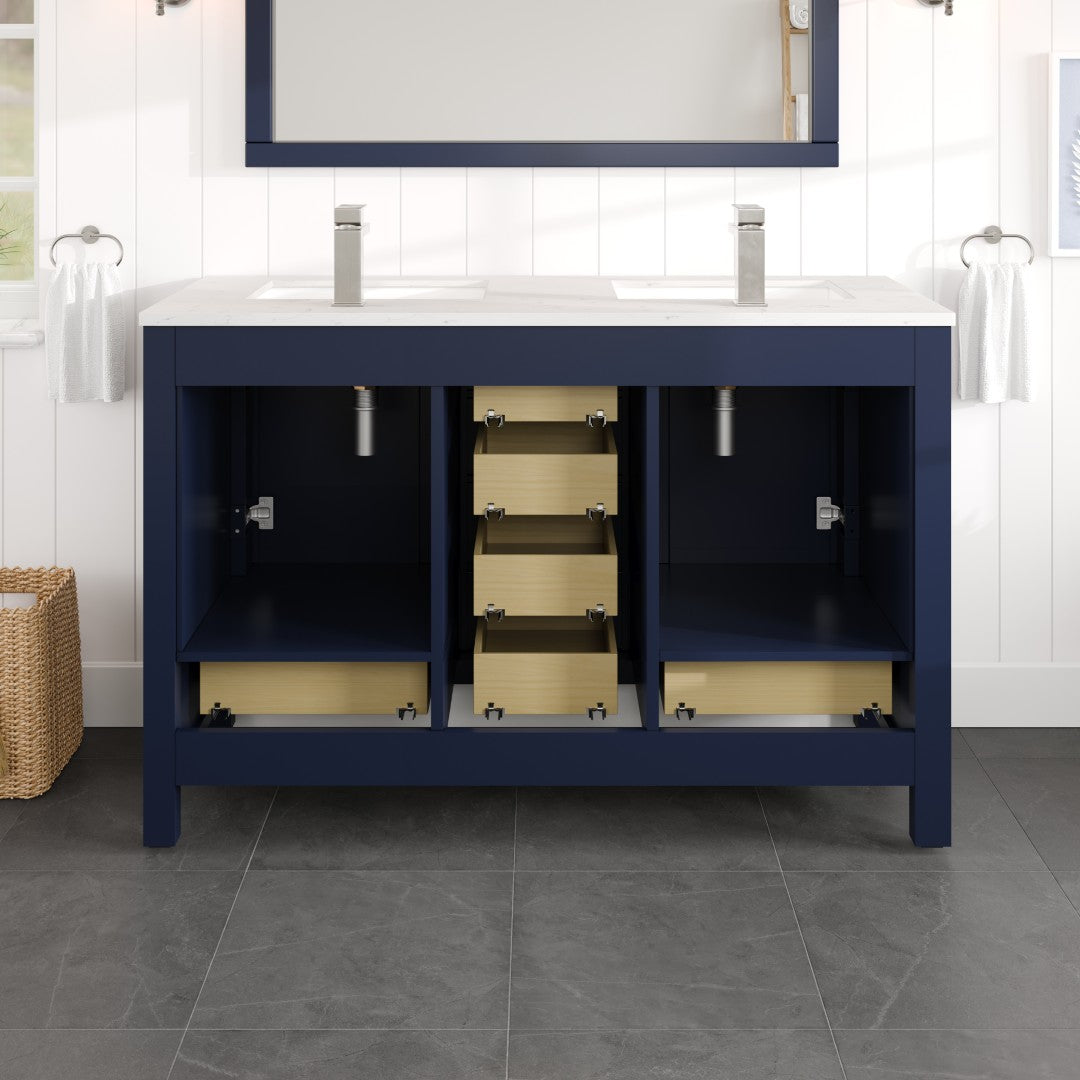 London 54 in. Blue Double Sink  Bath Vanity with Carrara Quartz Top and Undermount Porcelain Sinks