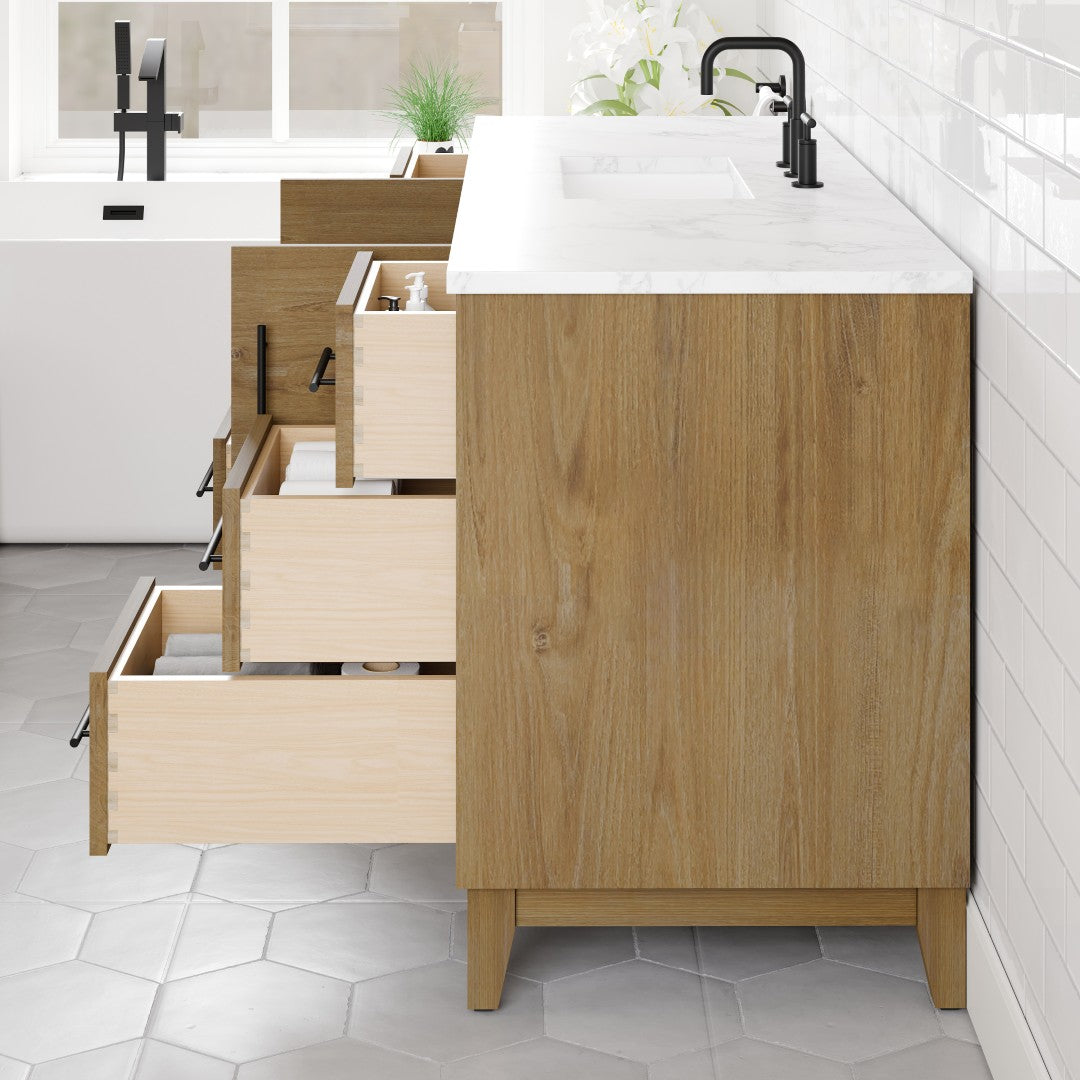Graham 60 in. Oak Single Sink Bath Vanity with Arabescato Engineered Stone Top and Undermount Porcelain Sink