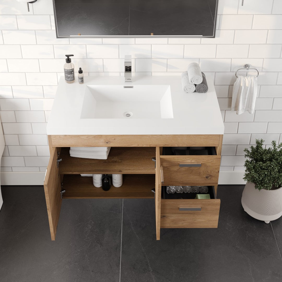Lugano 36 in. Natural Oak Wall Mount Single Sink Bath Vanity with Acrylic Top and Integrated Sink