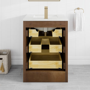 Curio 24 in. Walnut Single Sink Bath Vanity with Carrara Quartz Top and Undermount Porcelain Sink
