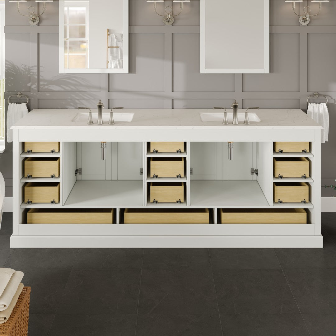 Storehouse 84 in. White Double Sink  Bath Vanity with Carrara Quartz Top and Undermount Porcelain Sinks