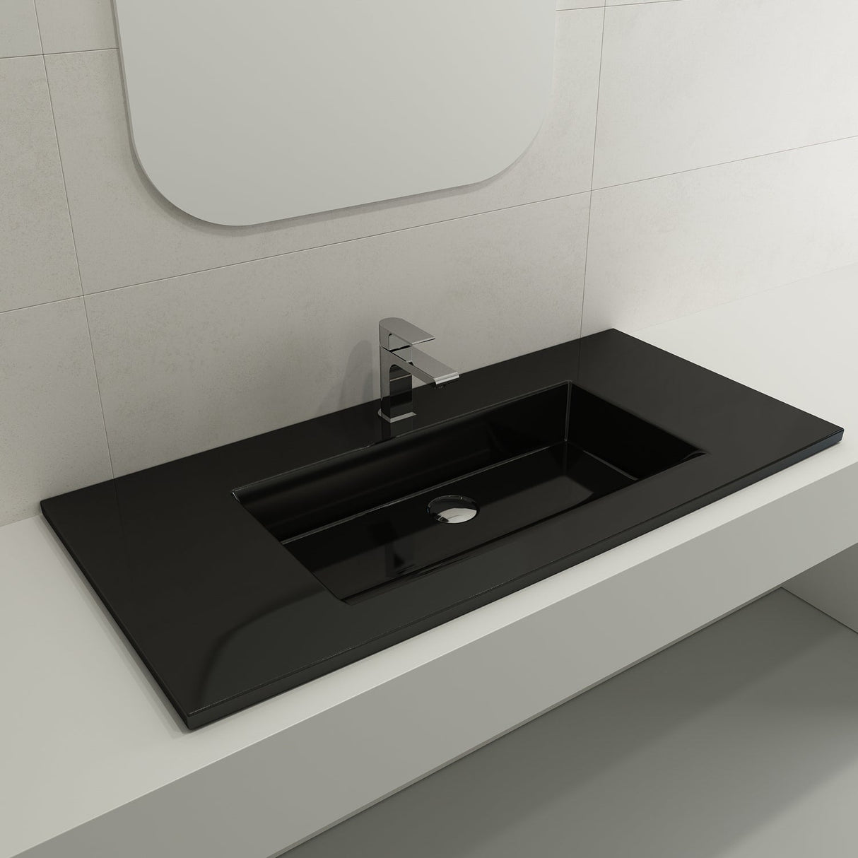 BOCCHI 1105-005-0126 Ravenna Wall-Mounted Sink Fireclay 40.5 in. 1-Hole with Overflow in Black