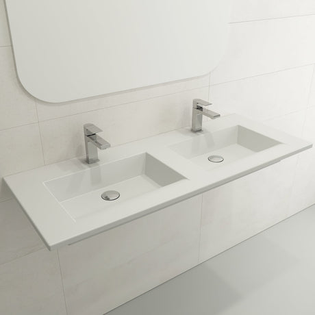 BOCCHI 1111-002-0132 Ravenna Wall-Mounted Sink Fireclay 48 in. Double Bowl for Two 1-Hole Faucets with Overflows in Matte White