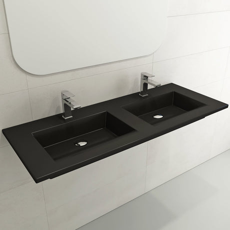 BOCCHI 1111-004-0132 Ravenna Wall-Mounted Sink Fireclay 48 in. Double Bowl for Two 1-Hole Faucets with Overflows in Matte Black