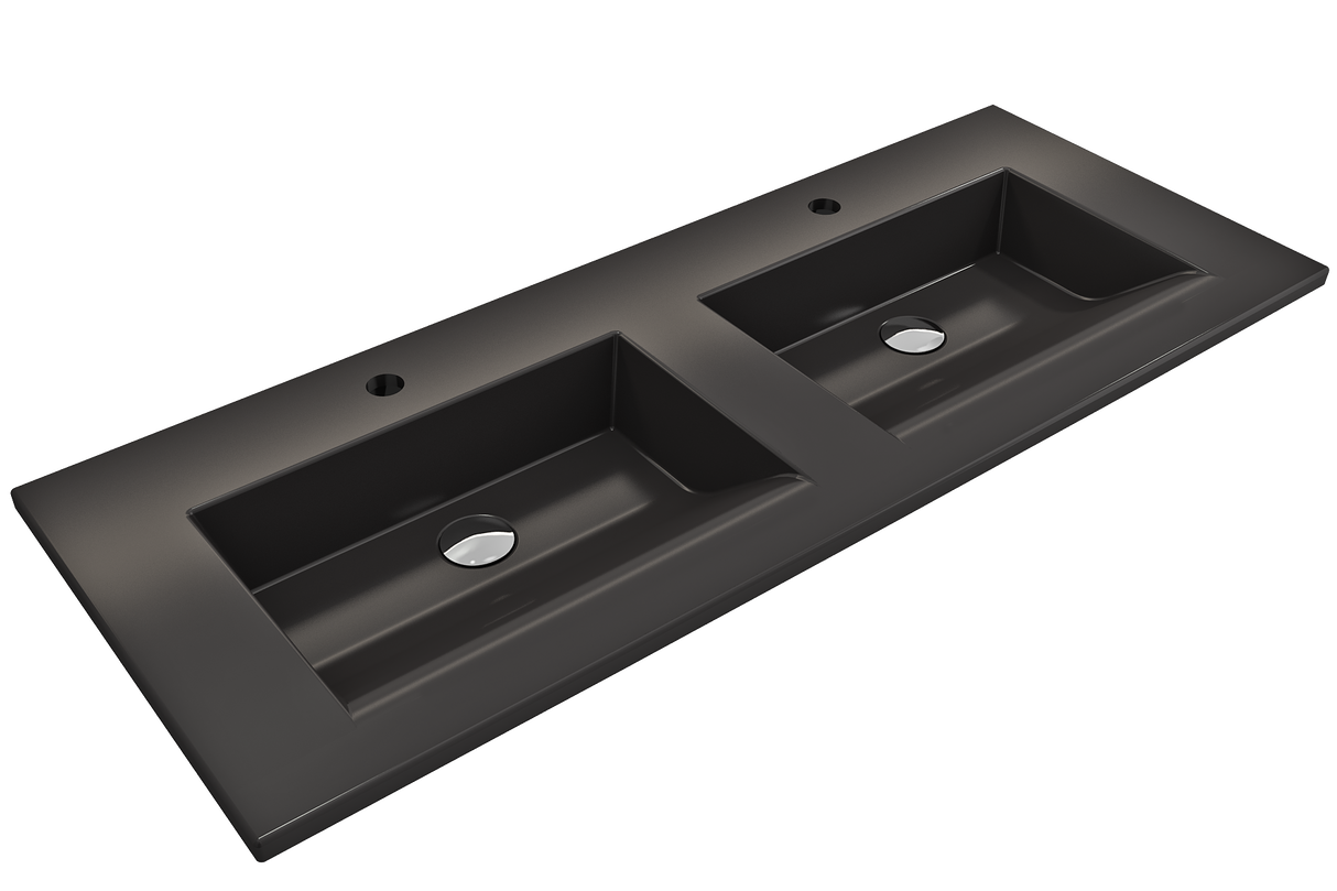 BOCCHI 1111-004-0132 Ravenna Wall-Mounted Sink Fireclay 48 in. Double Bowl for Two 1-Hole Faucets with Overflows in Matte Black