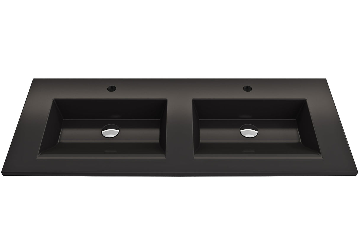 BOCCHI 1111-004-0132 Ravenna Wall-Mounted Sink Fireclay 48 in. Double Bowl for Two 1-Hole Faucets with Overflows in Matte Black