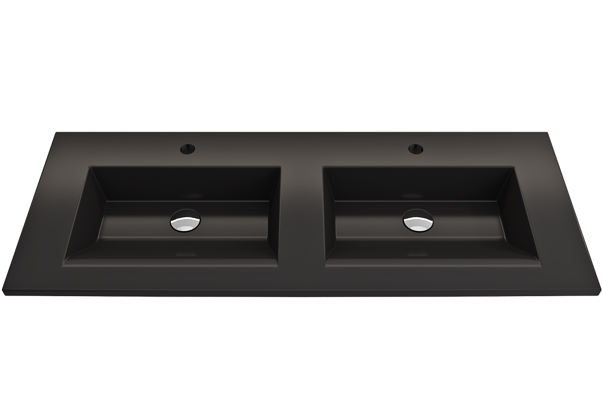 BOCCHI 1111-004-0132 Ravenna Wall-Mounted Sink Fireclay 48 in. Double Bowl for Two 1-Hole Faucets with Overflows in Matte Black