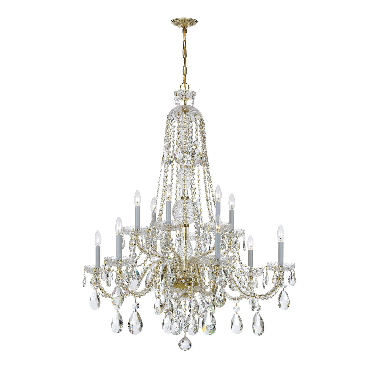 Traditional Crystal 12 Light Swarovski Strass Crystal Polished Brass Chandelier 1112-PB-CL-S