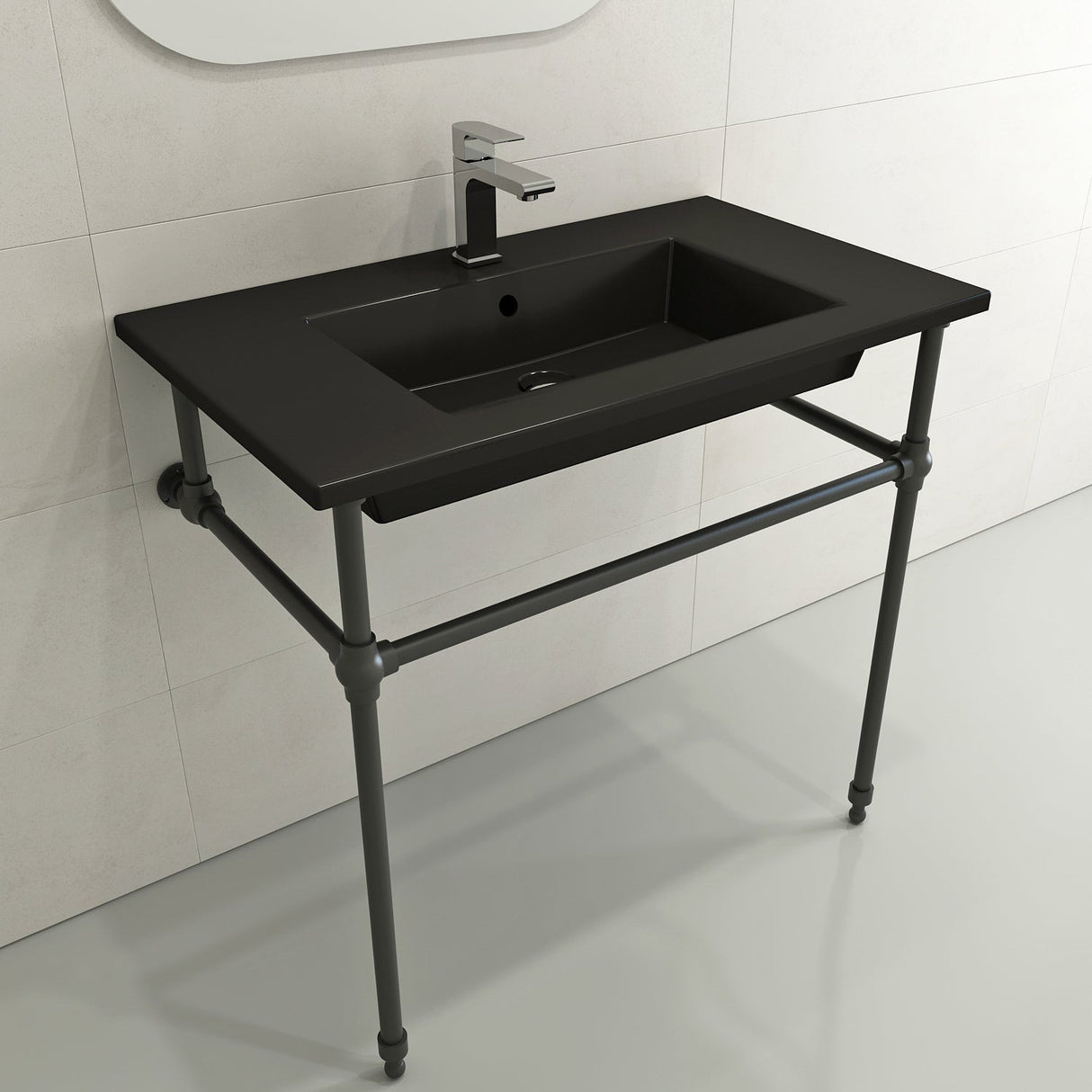 BOCCHI 1113-004-0126 Ravenna Wall-Mounted Sink Fireclay 32.25 in. 1-Hole with Overflow in Matte Black