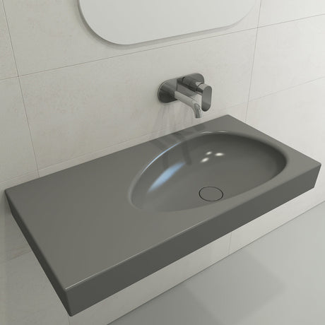 BOCCHI 1115-006-0125 Etna Wall-Mounted Sink Fireclay 35.5 in. with Matching Drain Cover in Matte Gray